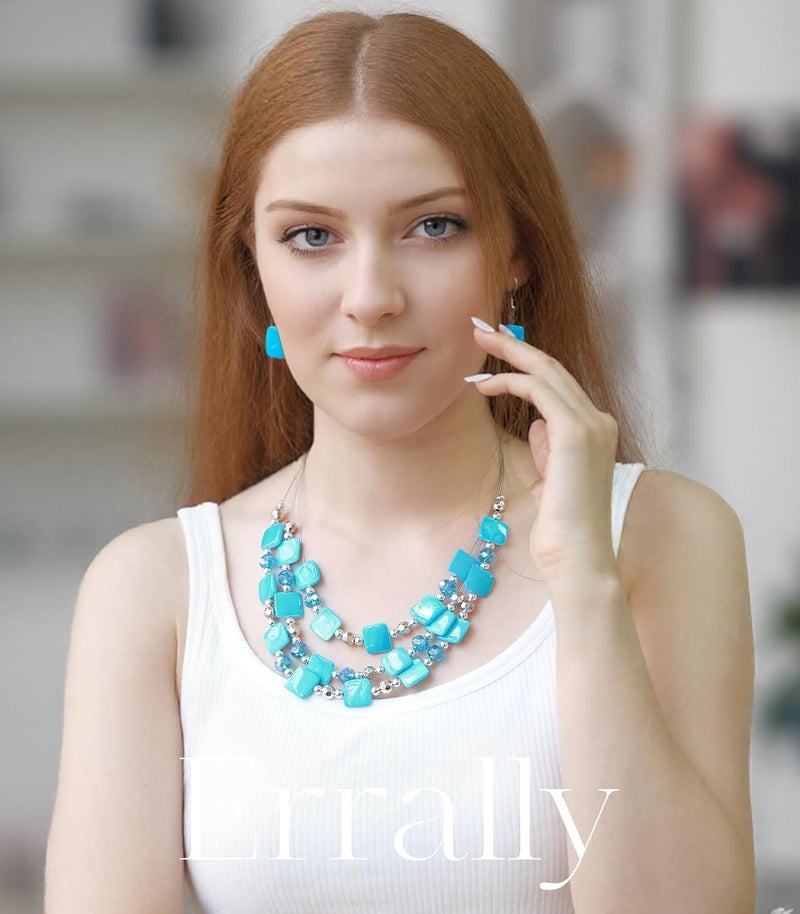 Errally Store Layered Beaded Statement Necklaces for Women Square Shell Bead Collar Necklace and Earring Set Birthday Gifts Boho Jewelry Sets for Women - Image 3